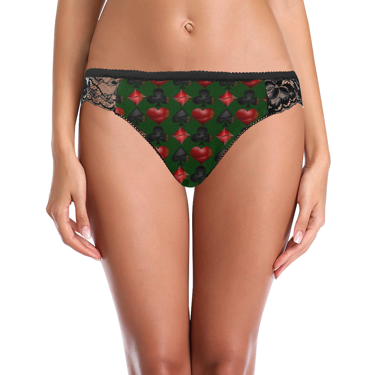 Las Vegas Black and Red Casino Poker Card Shapes On Green Women's Lace Panty (Model L41)