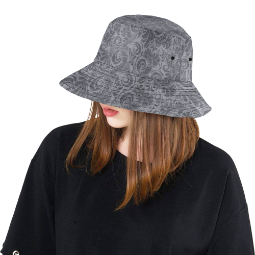 Denim with vintage floral pattern, light grey All Over Print Bucket Hat