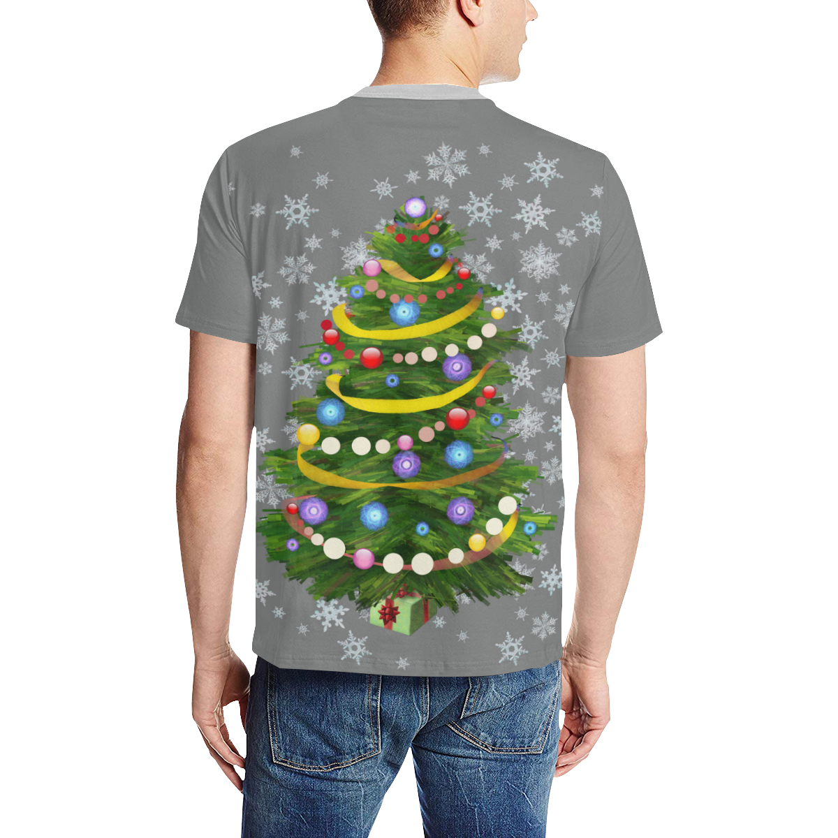 Snowflakes and Christmas Tree with Gift on gray Men's All Over Print T-Shirt (Solid Color Neck) (Model T63)