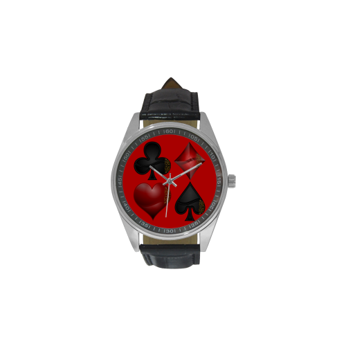 Las Vegas Black and Red Casino Poker Card Shapes (Red) Men's Casual Leather Strap Watch(Model 211)