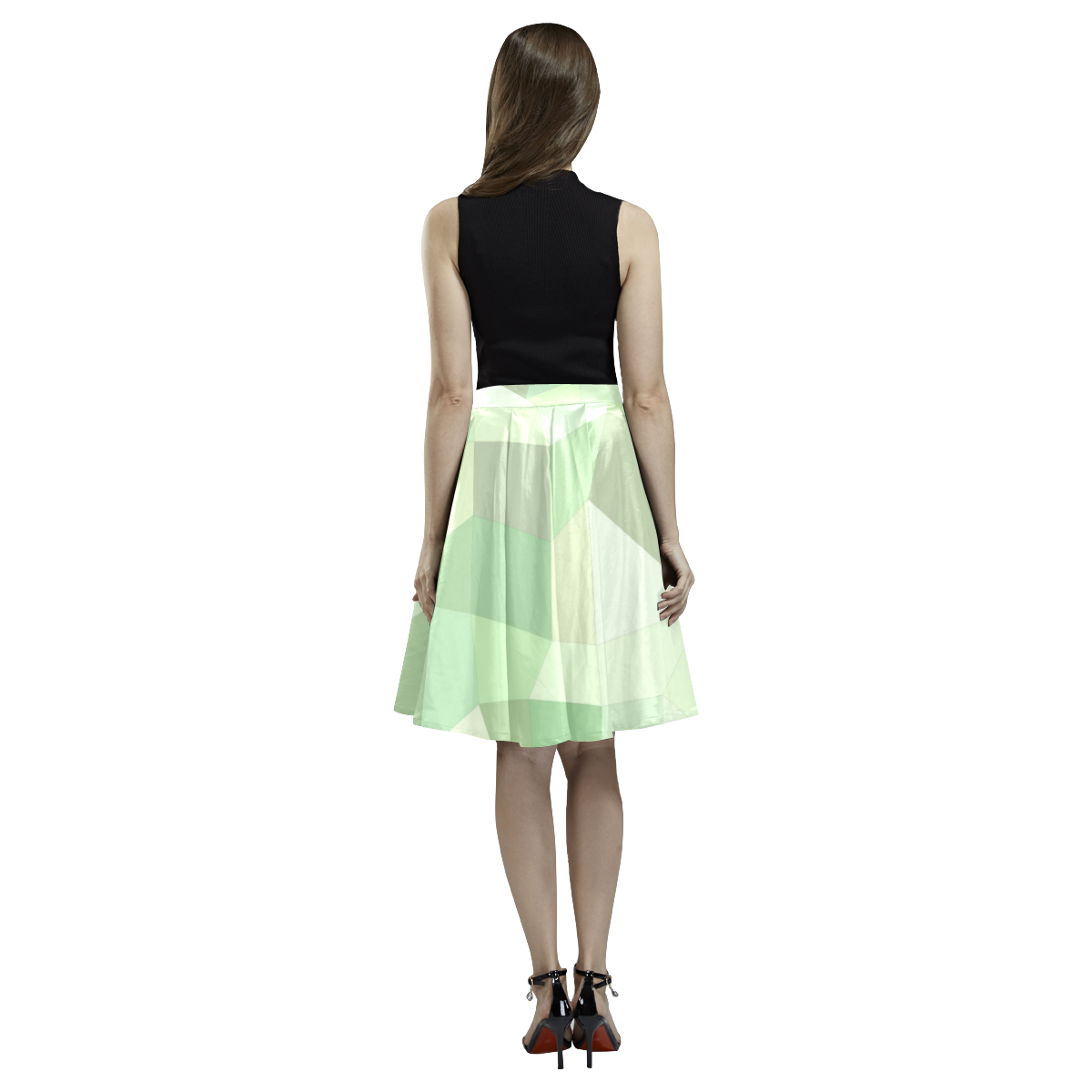 Pastel Greens Mosaic Melete Pleated Midi Skirt (Model D15)