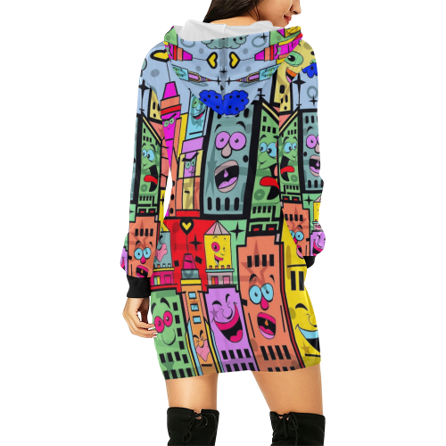 Happy City Pop Art by Nico Bielow All Over Print Hoodie Mini Dress (Model H27)