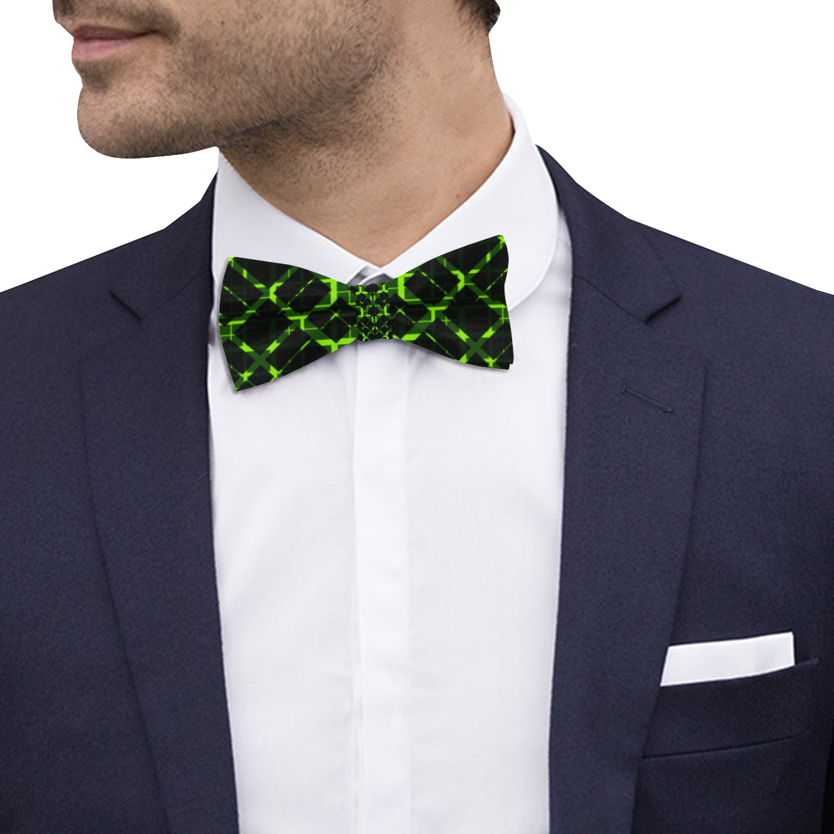 Vivid Lime Green Black Plaid  Pattern Modern Trendy Custom Bow Tie