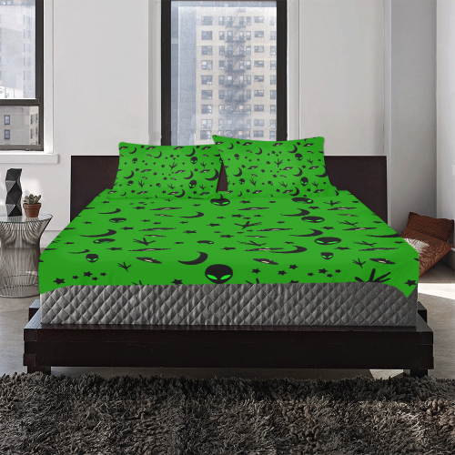 Alien Flying Saucers Stars Pattern Green 3-Piece Bedding Set
