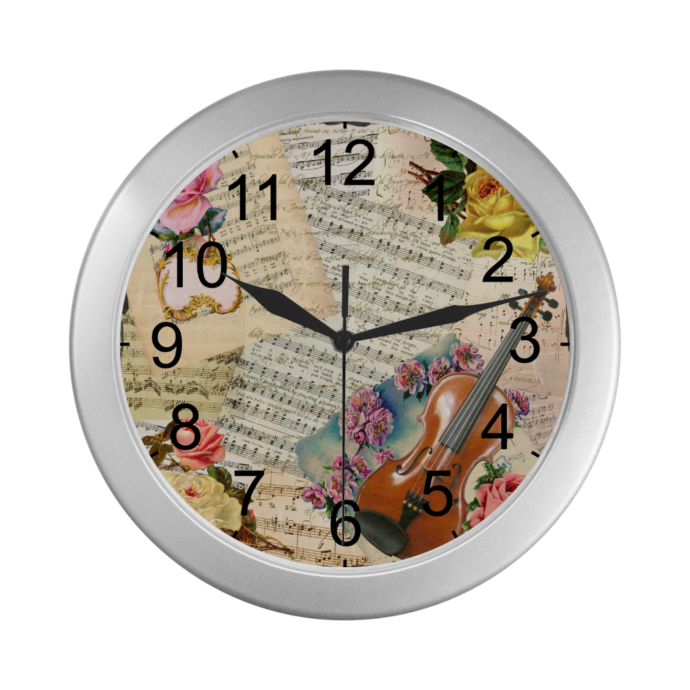 Music And Roses Silver Color Wall Clock