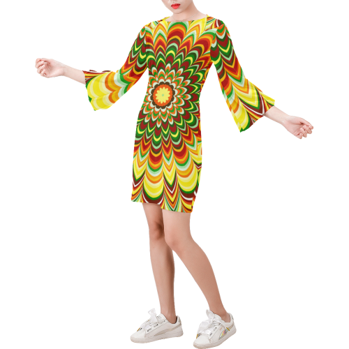 Colorful flower striped mandala 2nd Version Bell Sleeve Dress (Model D52)