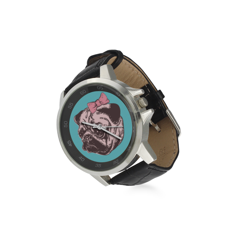 Girly Pug Unisex Stainless Steel Leather Strap Watch(Model 202)