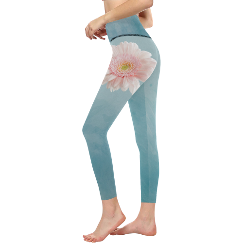 Gerbera Daisy - Pink Flower on Watercolor Blue Women's All Over Print High-Waisted Leggings (Model L36)