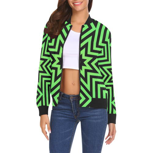 Green/Black Tribal Pattern All Over Print Bomber Jacket for Women (Model H19)