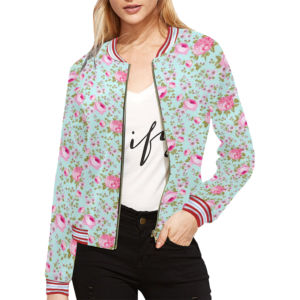 Peony Pattern All Over Print Bomber Jacket for Women (Model H21)