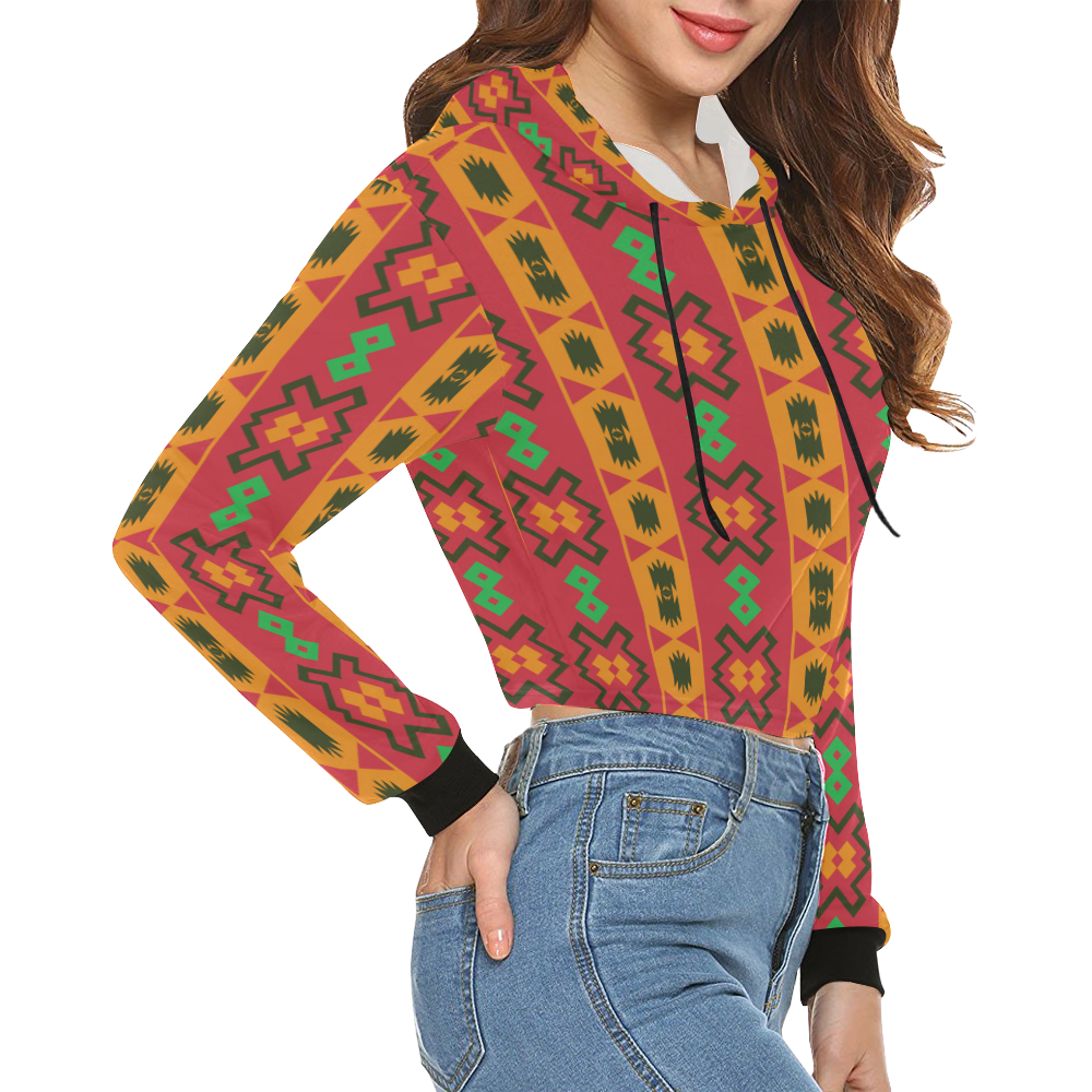 Tribal shapes in retro colors (2) All Over Print Crop Hoodie for Women (Model H22)