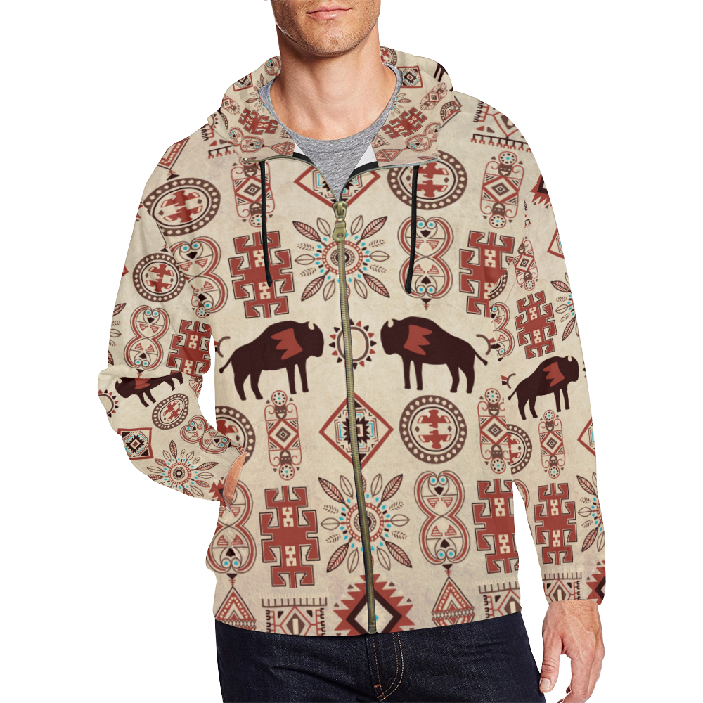 American Native Buffalo All Over Print Full Zip Hoodie for Men/Large Size (Model H14)