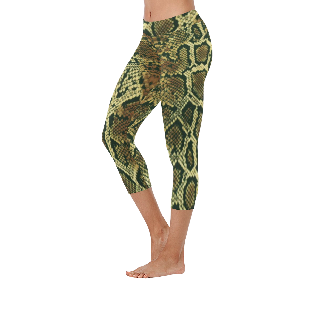 Snakeskin Pattern Brown Gold Women's Low Rise Capri Leggings (Invisible Stitch) (Model L08)