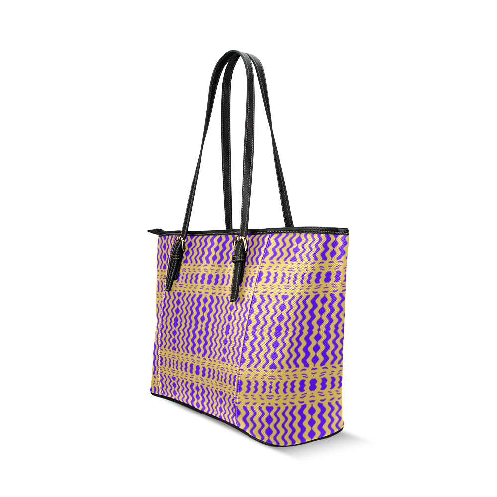 Purple Yellow Modern  Waves Lines Leather Tote Bag/Large (Model 1640)