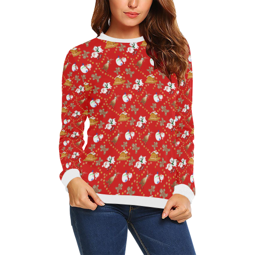 Christmas Gingerbread, Snowman, Reindeer and Santa Red All Over Print Crewneck Sweatshirt for Women (Model H18)