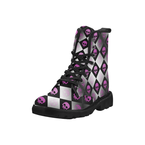 Checkered Skulls Pink Martin Boots for Women (Black) (Model 1203H)