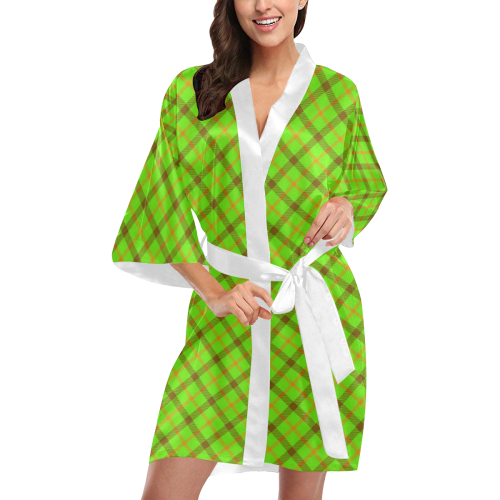 Tami Kaye Plaid Tartan in green, orange and brown Kimono Robe