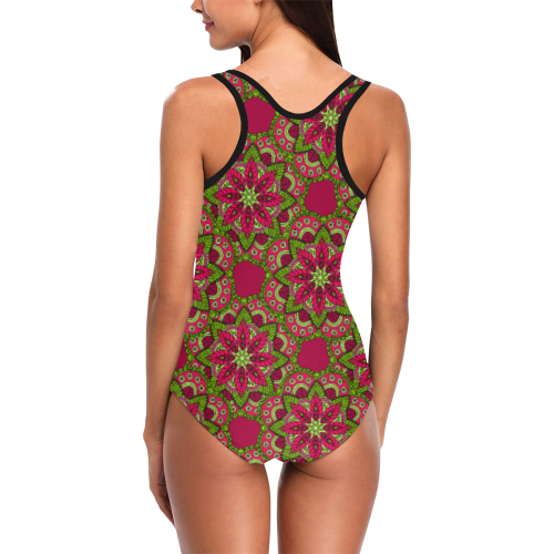 Burgundy Mandala Floral Vest One Piece Swimsuit (Model S04)