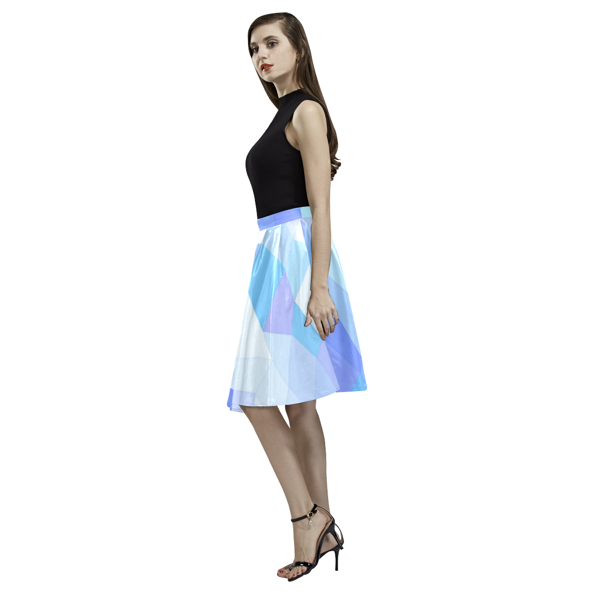 Bright Blues Mosaic Melete Pleated Midi Skirt (Model D15)