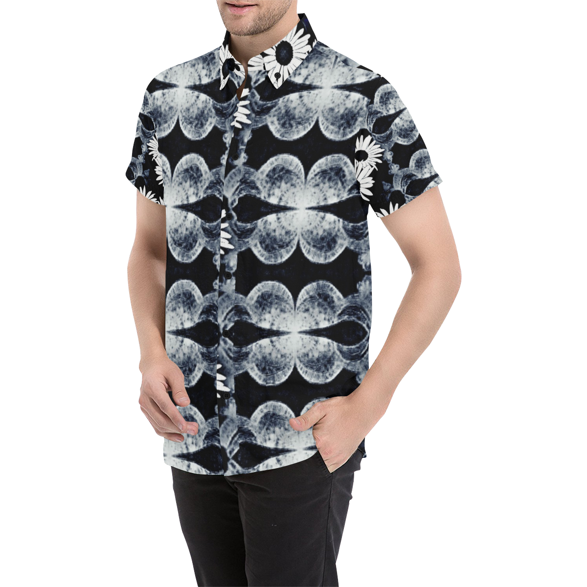 Grey and Blak Flower Design By Me by Doris Clay-Kersey Men's All Over Print Short Sleeve Shirt (Model T53)