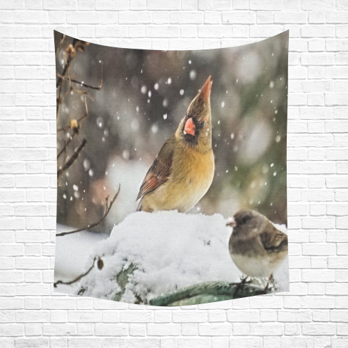 Cardinal In The Snow Cotton Linen Wall Tapestry 51"x 60"