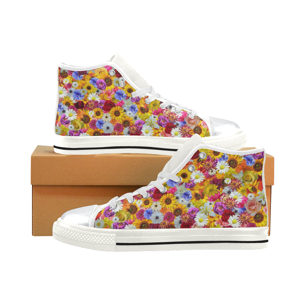 Multi Flowers White High Top Canvas Shoes for Kid (Model 017)