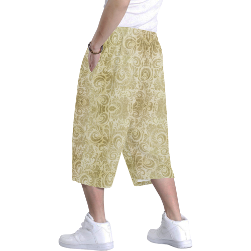 Denim, vintage floral pattern, beige gold yellow Men's All Over Print Baggy Shorts (Model L37)