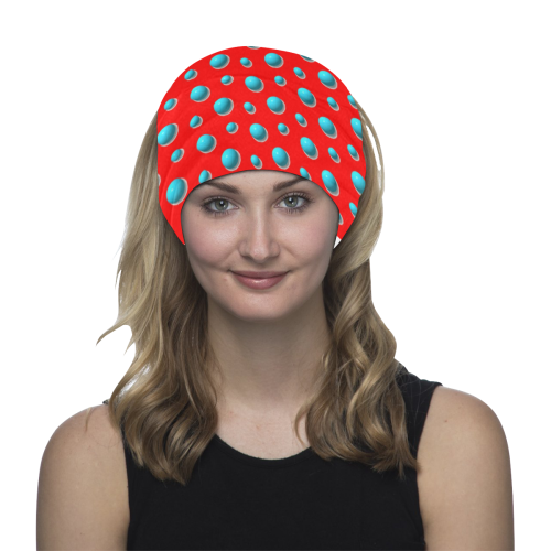 Terrific Turquoise Polka Dots on Red Multifunctional Headwear