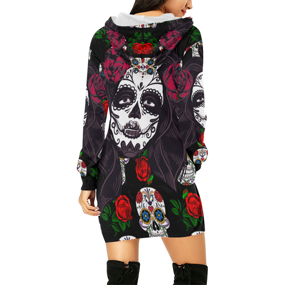 mexican skull lady All Over Print Hoodie Mini Dress (Model H27)