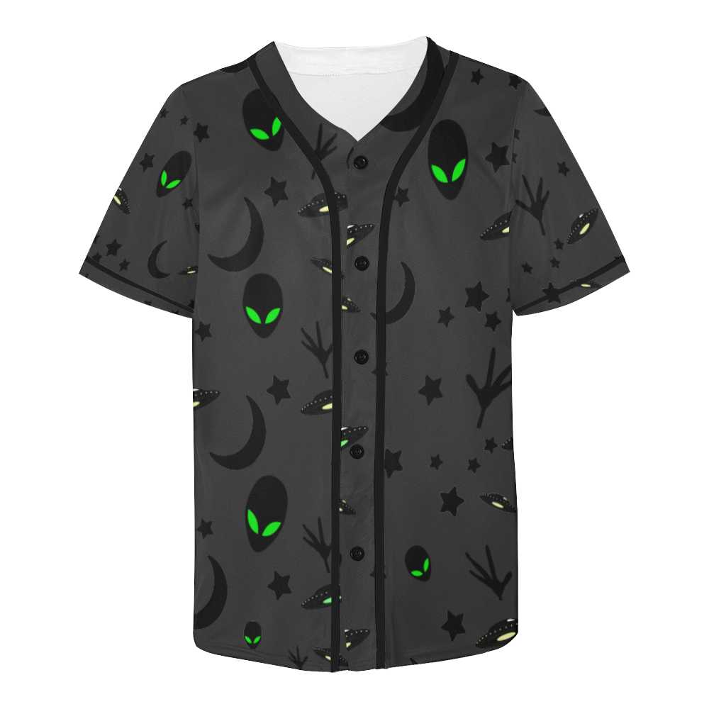 Alien Flying Saucers Stars Pattern on Charcoal All Over Print Baseball Jersey for Men (Model T50)