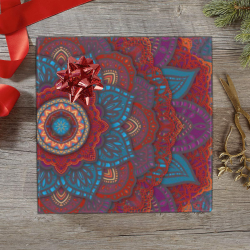 3D Mandala with Red Lace in Teal, Blue and Purple Gift Wrapping Paper 58"x 23" (5 Rolls)