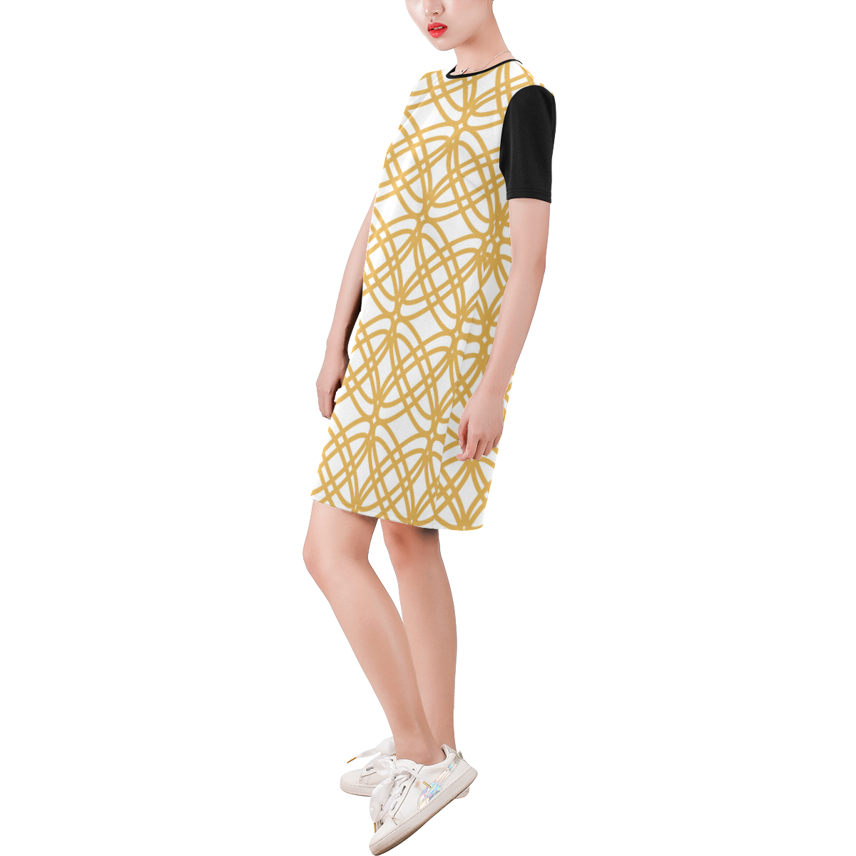 Abstract  pattern - bronze and white. Short-Sleeve Round Neck A-Line Dress (Model D47)