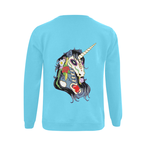 Spring Flower Unicorn Skull Turquoise Gildan Crewneck Sweatshirt(NEW) (Model H01)