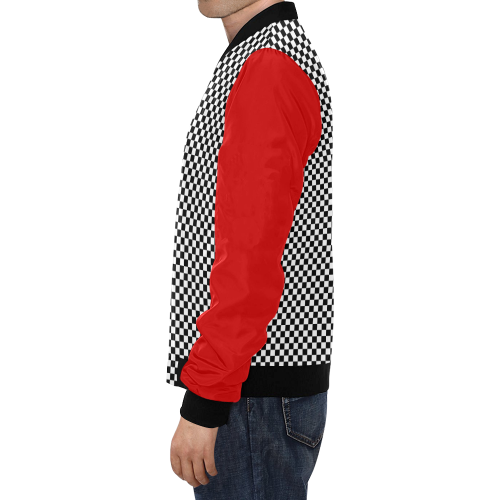 Checkerboard Black, White and Red All Over Print Bomber Jacket for Men (Model H19)