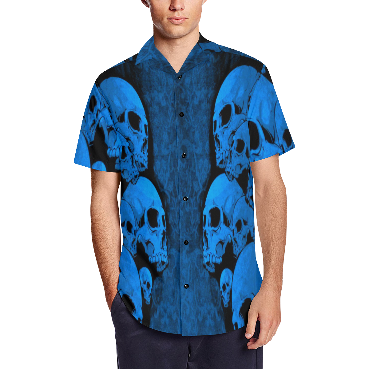 Gothic Blue Skull Satin Dress Shirt Men's Short Sleeve Shirt with Lapel Collar (Model T54)