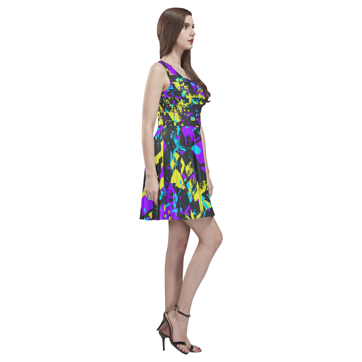 Purple yelllow squares Thea Sleeveless Skater Dress(Model D19)