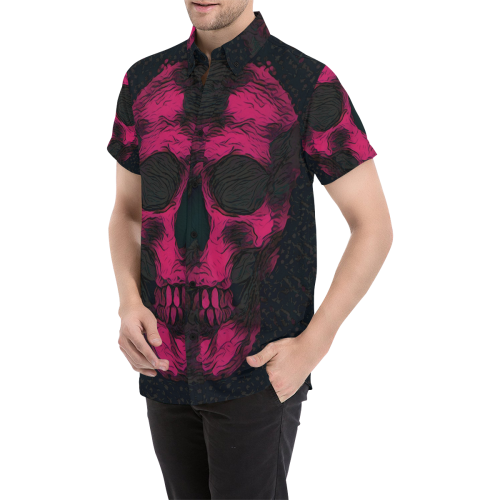 SKULL PINK ON BLACK ABSTRACT Men's All Over Print Short Sleeve Shirt (Model T53)