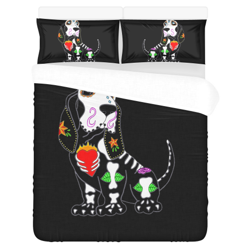 Basset Hound Sugar Skull Black 3-Piece Bedding Set