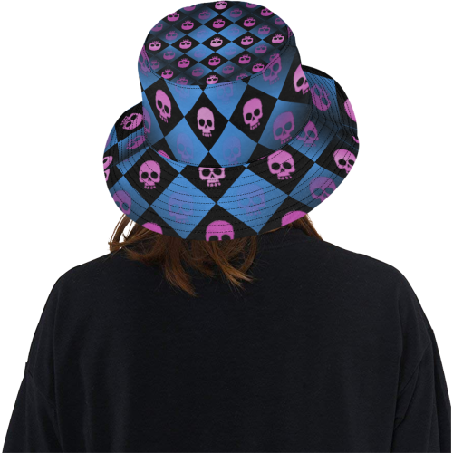 Checkered Skulls Blue All Over Print Bucket Hat