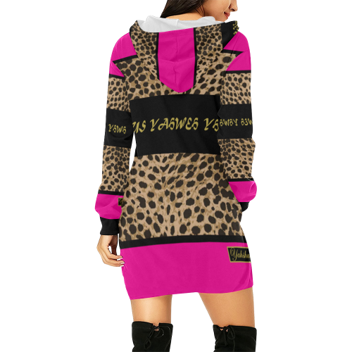 Yahweh Leopard Hood Dress Pink All Over Print Hoodie Mini Dress (Model H27)