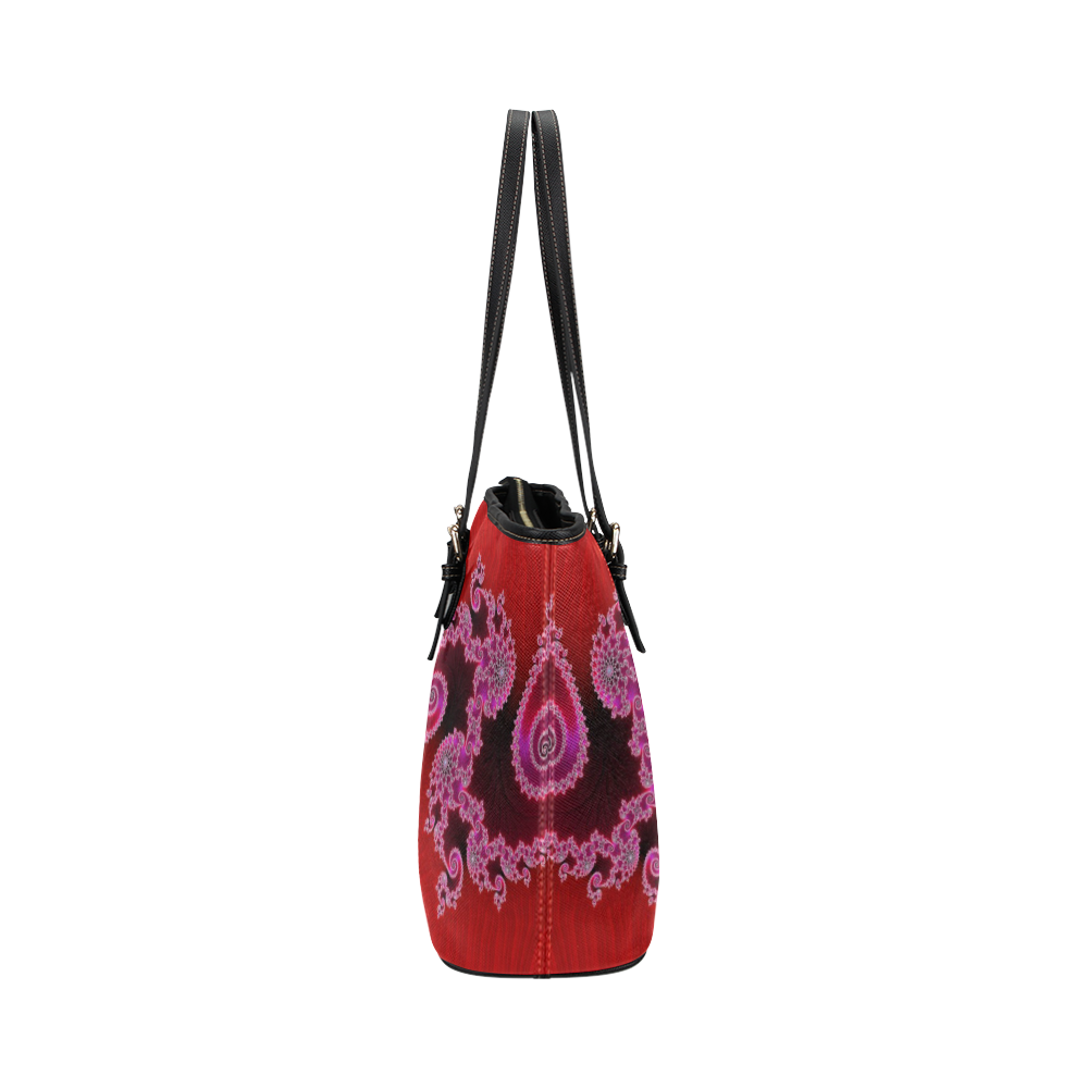 Red Pink Mauve Hearts and Lace Fractal Abstract 2 Leather Tote Bag/Small (Model 1651)