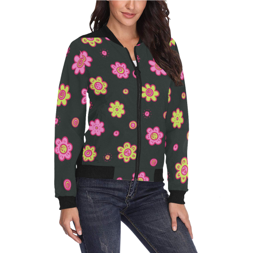 chaqueta de muer de flores All Over Print Bomber Jacket for Women (Model H36)
