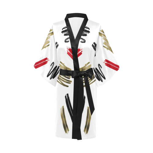 Black Red and Goldtone on White Abstract Kimono Robe