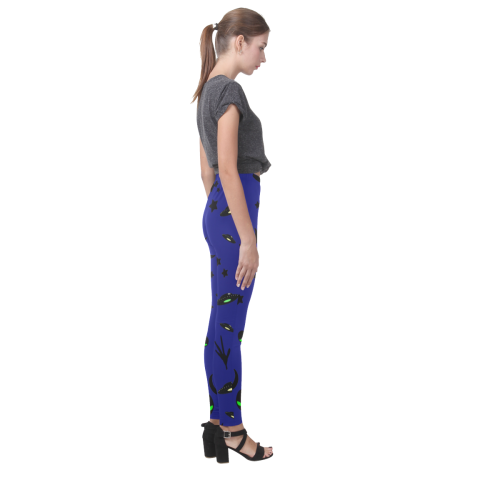 Alien Flying Saucers Stars Pattern on Blue Cassandra Women's Leggings (Model L01)
