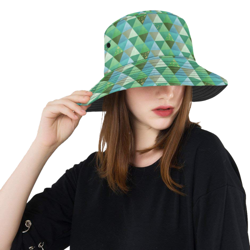 Triangle Pattern - Green Teal Khaki Moss All Over Print Bucket Hat