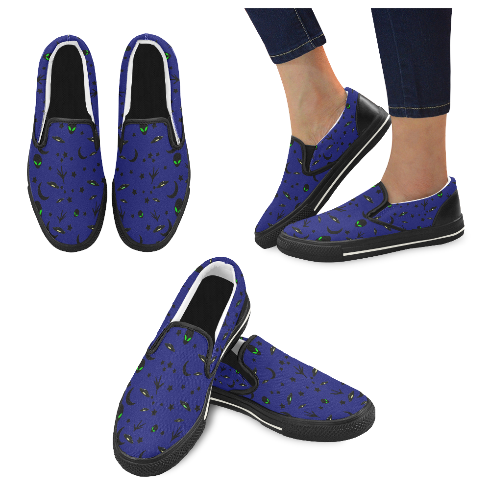 Alien Flying Saucers Stars Pattern Women's Slip-on Canvas Shoes/Large Size (Model 019)