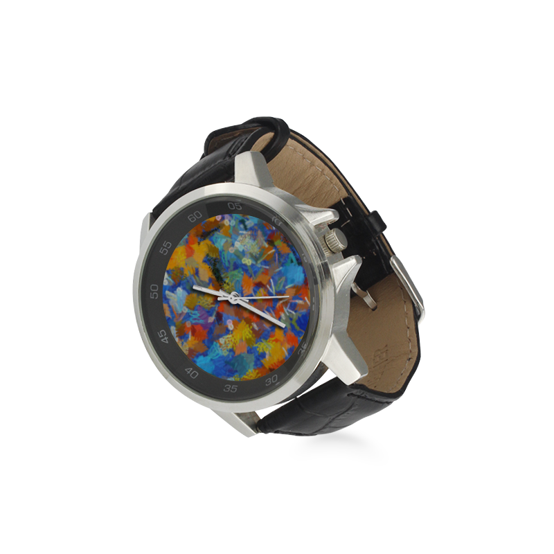 Colorful paint strokes Unisex Stainless Steel Leather Strap Watch(Model 202)