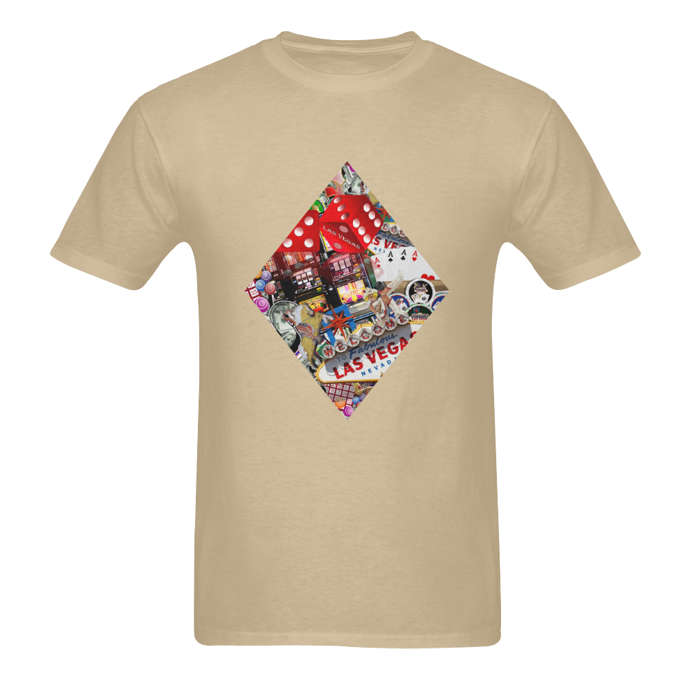 Diamond Playing Card Shape - Las Vegas Icons on Brown Men's Heavy Cotton T-Shirt/Large (Two Side Printing)