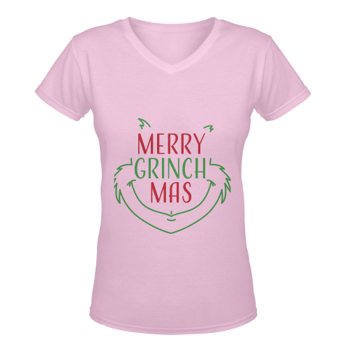 Merry Grinchmas CHRISTMAS LIGHT PINK Women's Deep V-neck T-shirt (Model T19)