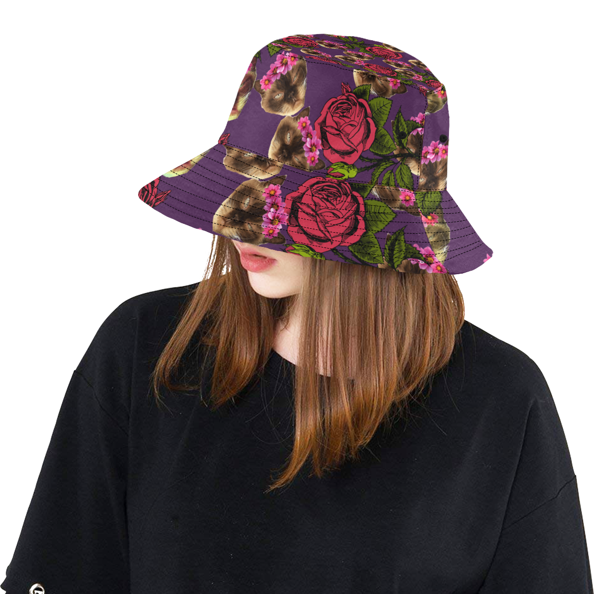 lazy cat floral pattern purple All Over Print Bucket Hat